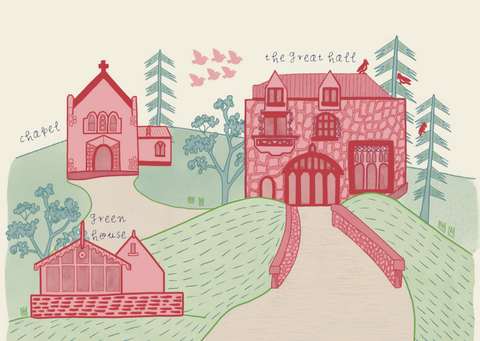 Illustration of Montsalvat, detailing the Great Hall, Chapel and greenhouse