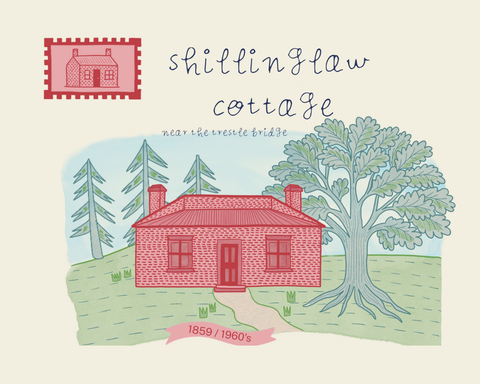 Illustrated Shillinglaw Cottage drawing with Oak Tree and Cypress Pines