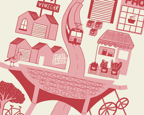 An illustration of Victoria Street focusing on Little Saigon, Pho, and the Gateway Sculpture
